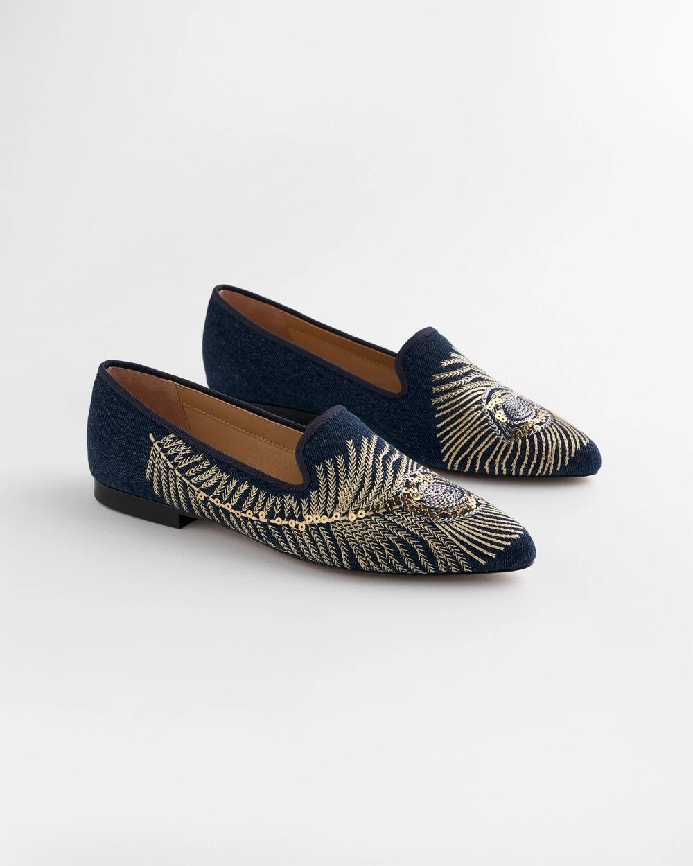 Chico's Peacock Embroidered Flats Denim