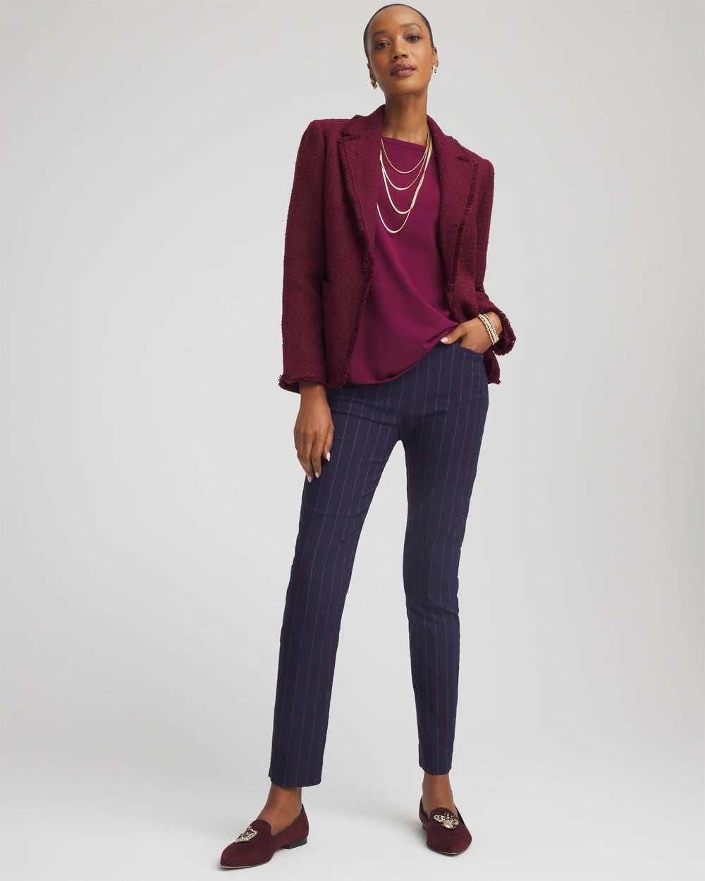 Chico's Pinstriped Brigitte™ Slim Pull-On Ankle Pants Passport Blue
