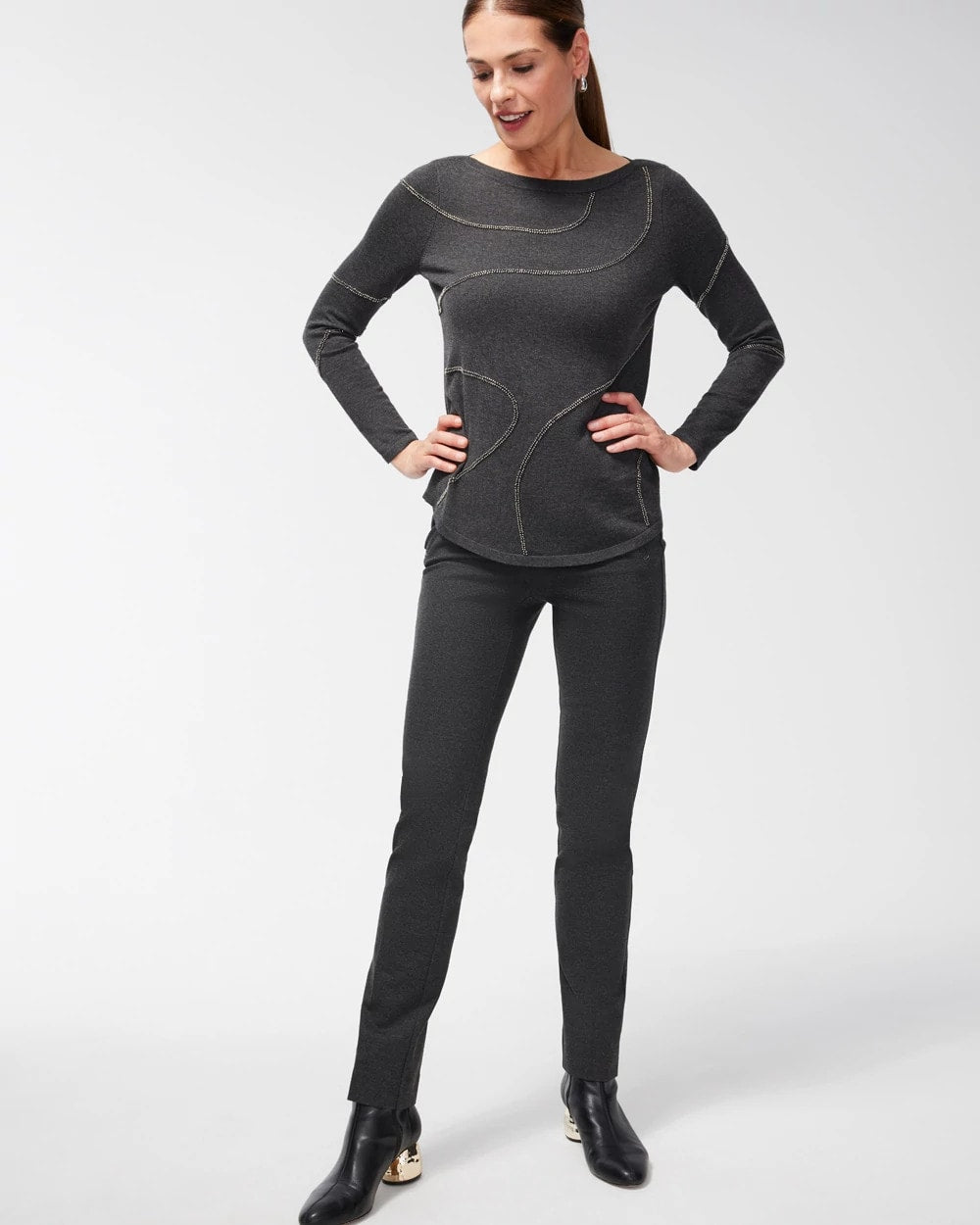 Chico's Juliet Trim Detail Ponte Pants Graphite Heather Gray