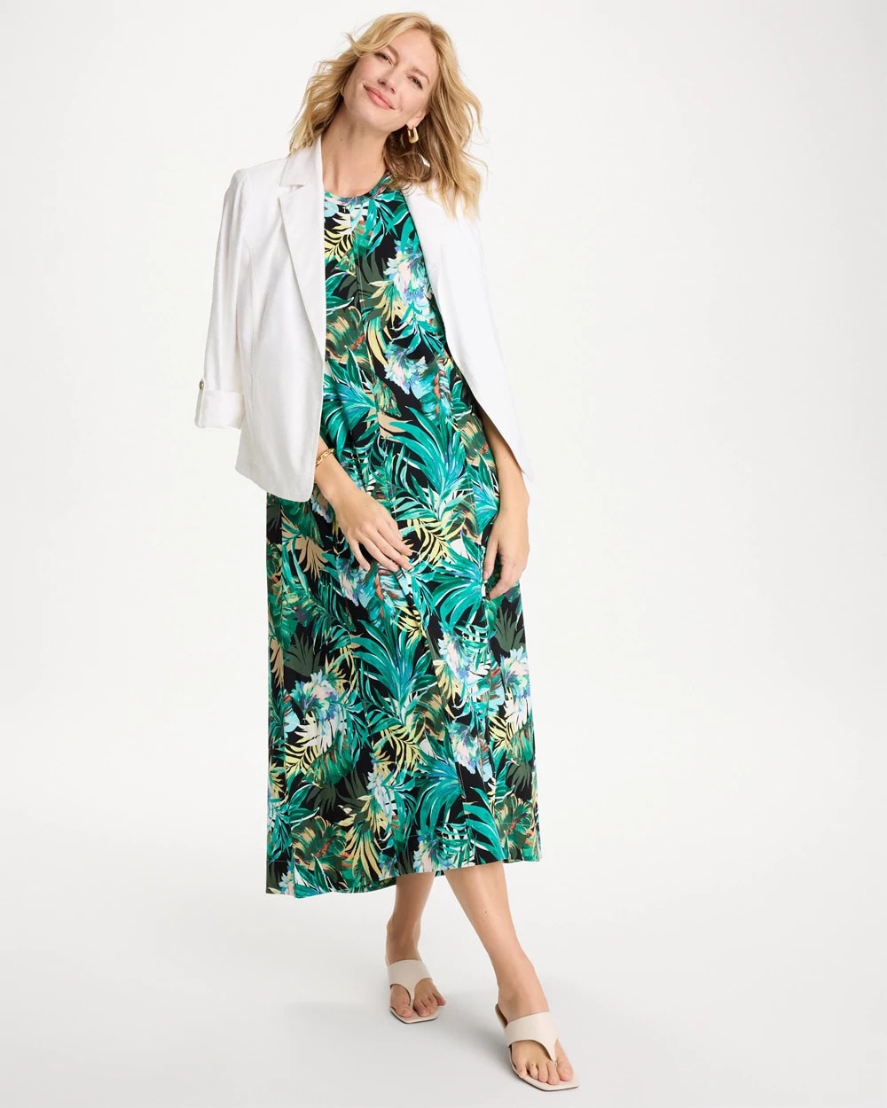 Chico's Palm Printed Knit Maxi Dress Topanga Green