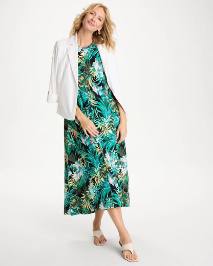 Chico's Palm Printed Knit Maxi Dress Topanga Green