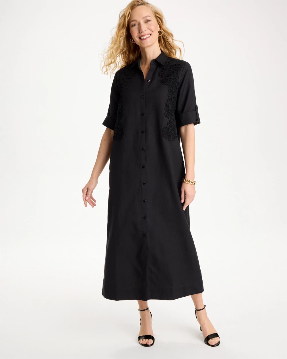 Chico's Embellished Linen-Cotton Shirtdress Black