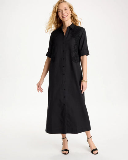 Chico's Embellished Linen-Cotton Shirtdress Black