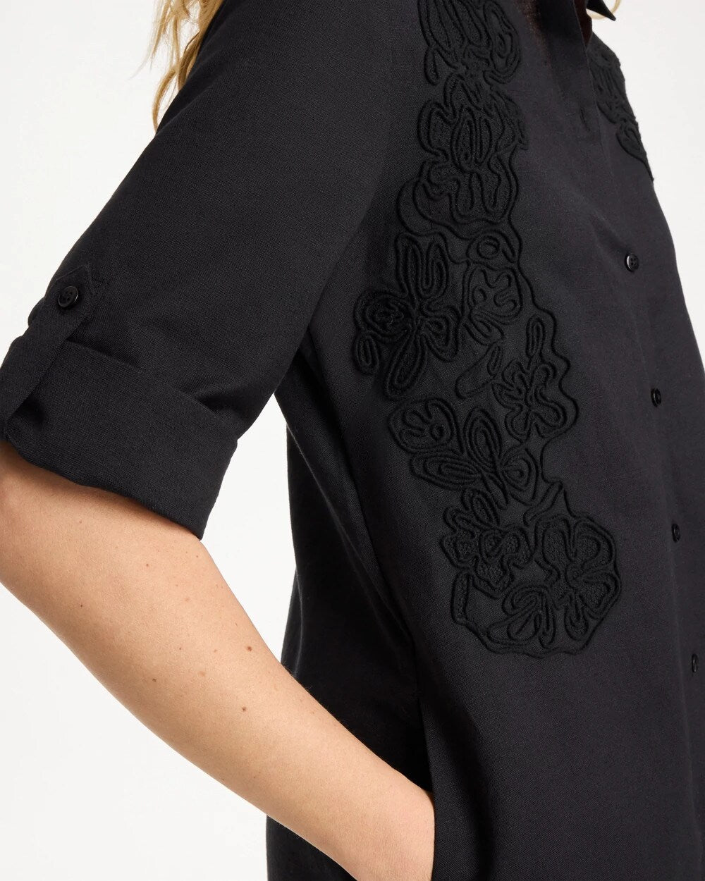 Chico's Embellished Linen-Cotton Shirtdress Black