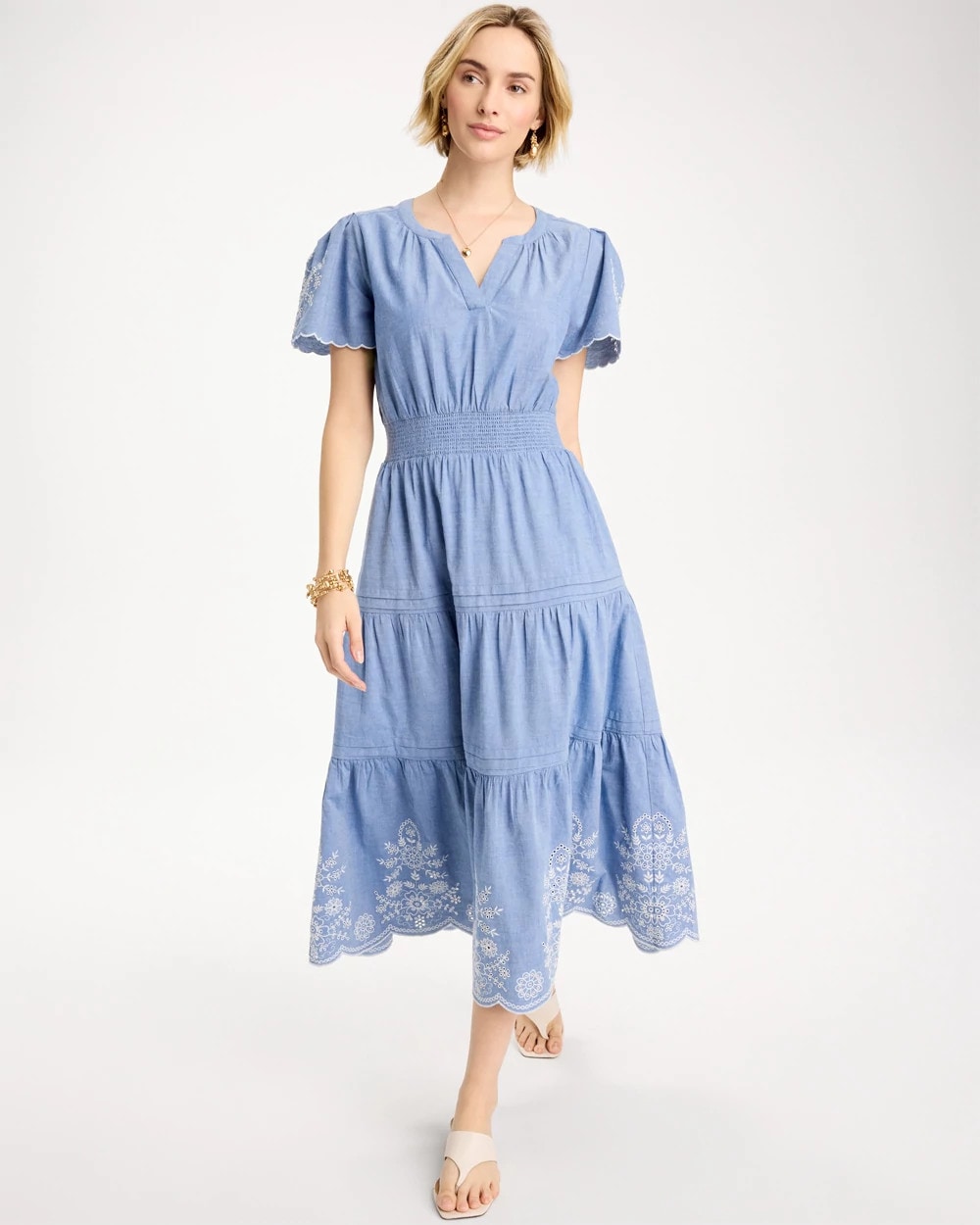 Chico's Chambray Embroidered Dress Light Indigo
