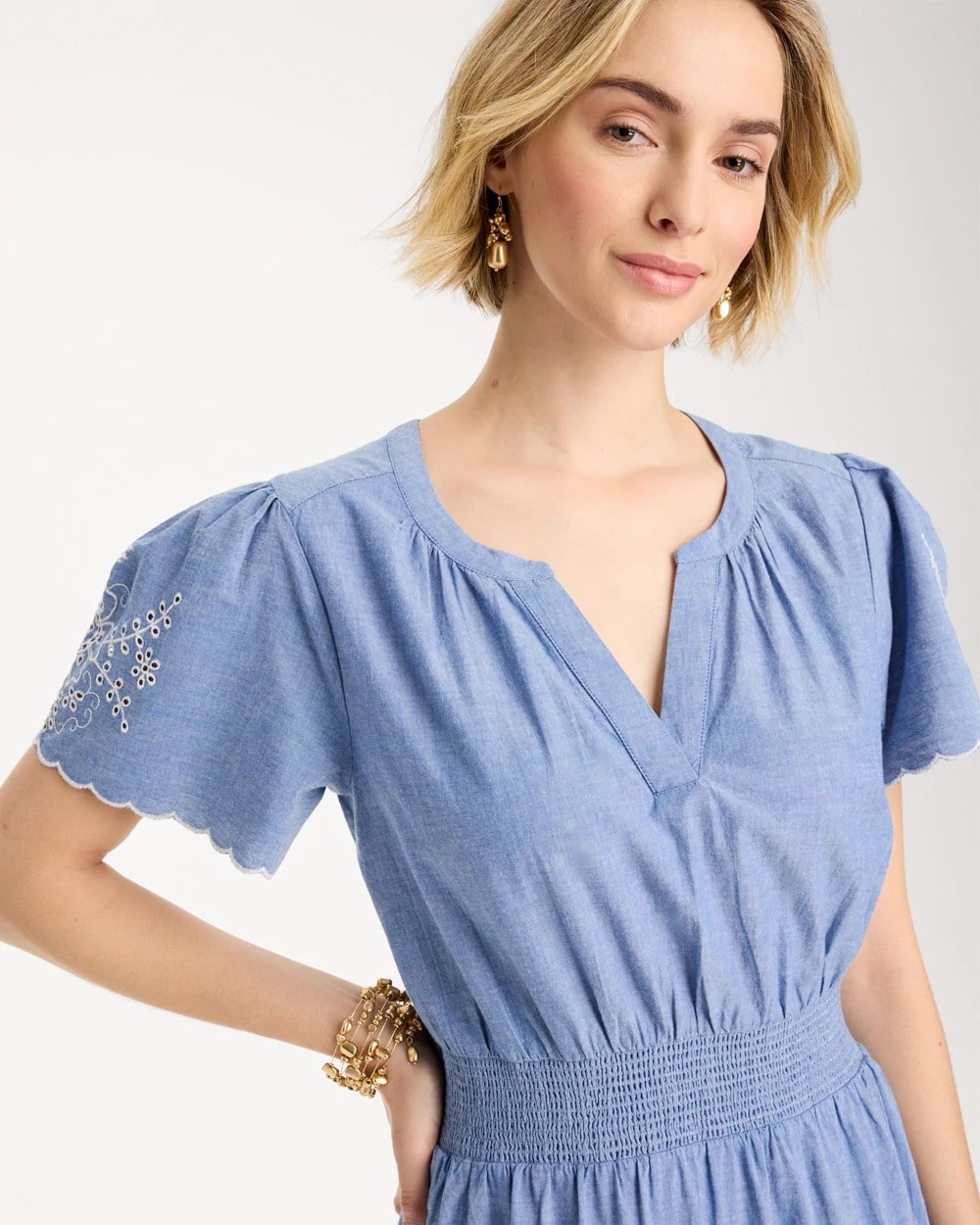 Chico's Chambray Embroidered Dress Light Indigo