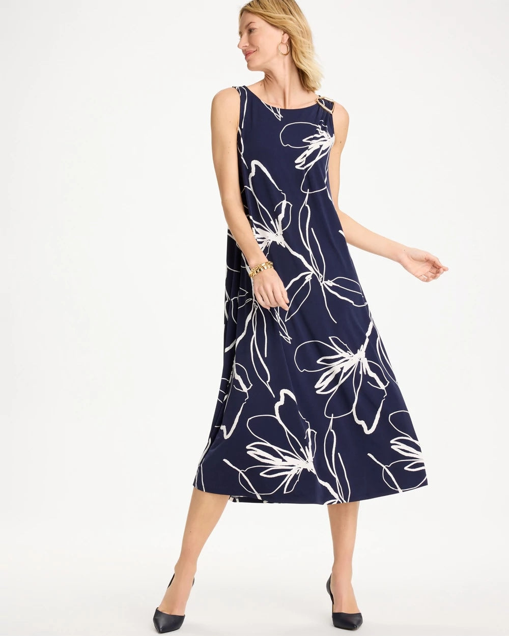 Chico's Travelers™ Knit Botanical Jeweled Dress Passport Blue