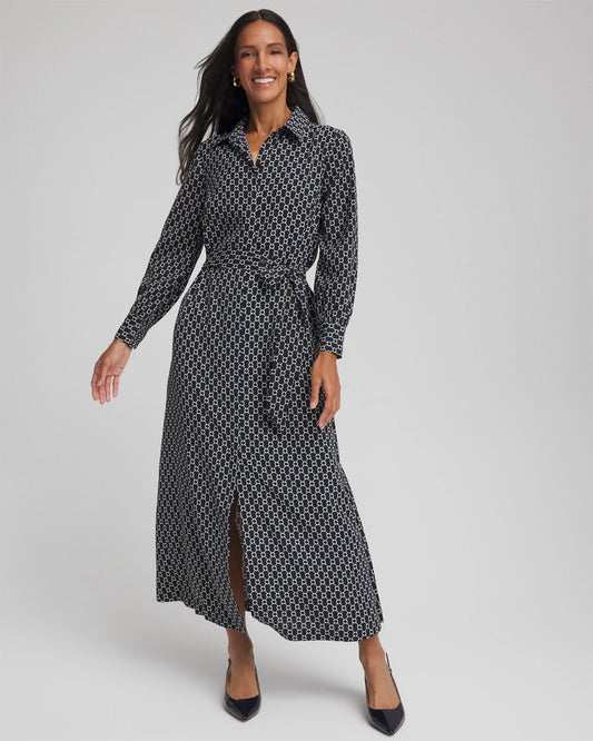 Chico's Chain Print Maxi Shirtdress Passport Blue