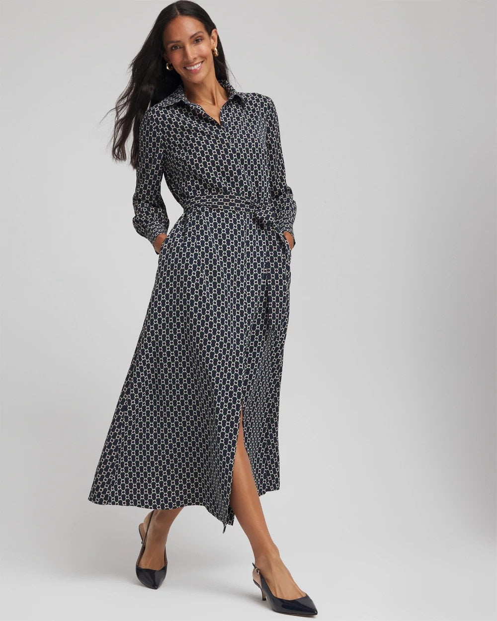 Chico's Chain Print Maxi Shirtdress Passport Blue