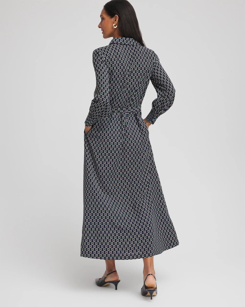 Chico's Chain Print Maxi Shirtdress Passport Blue