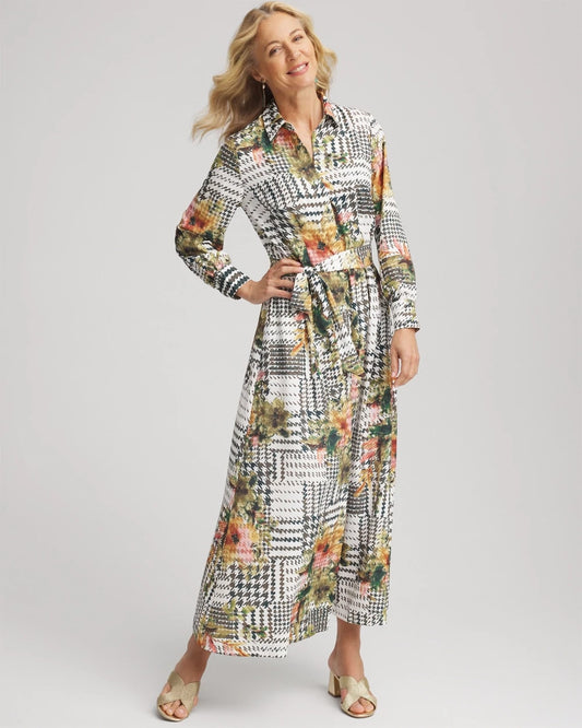Chico's Artisanal Floral Print  Maxi Shirtdress Ecru