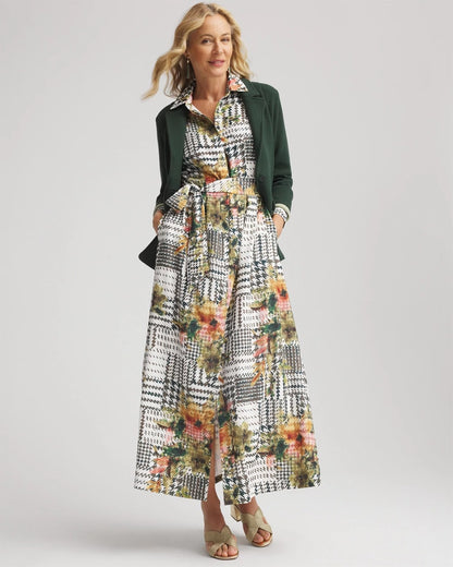 Chico's Artisanal Floral Print  Maxi Shirtdress Ecru
