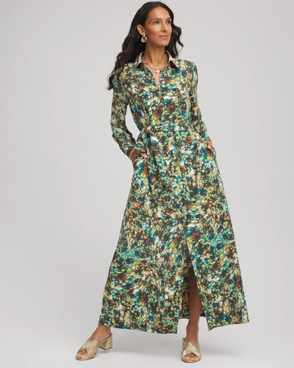 Chico's Printed Long-Sleeved Shirtdress Darkest Spruce