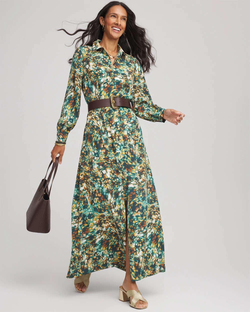 Chico's Printed Long-Sleeved Shirtdress Darkest Spruce