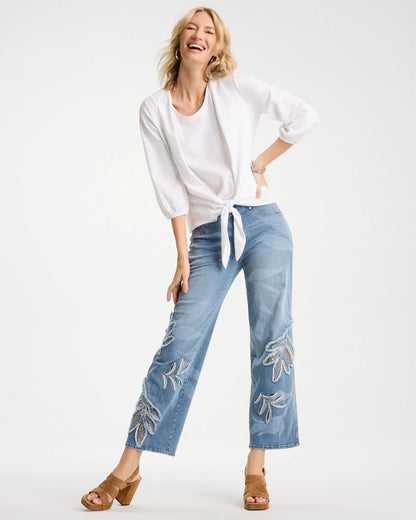 Chico's Tropical Embroidery Pull-On Wide Crop Jean Pashmina Indigo