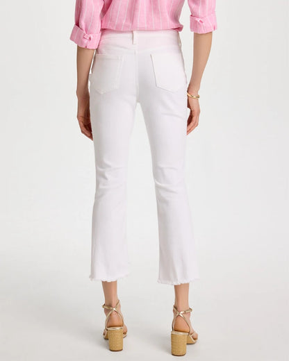 Chico's Petite No Stain Girlfriend Fray Hem Kick Flare Jeans Alabaster