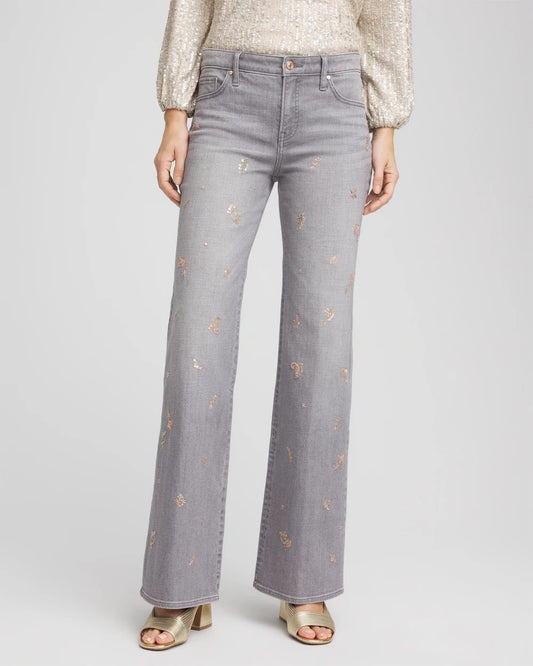 Chico's Rose Gold Embellished Girlfriend Flared Jeans Le Havre Wash