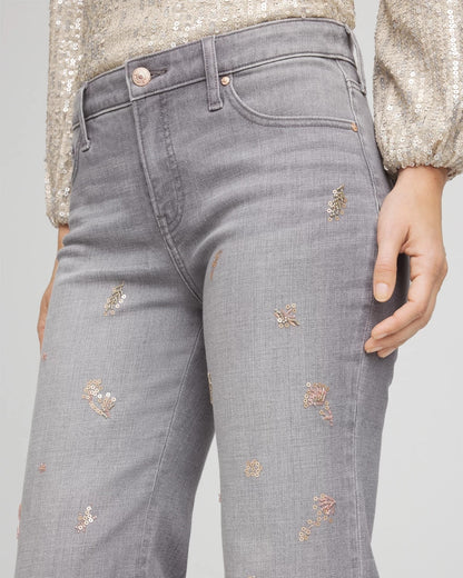 Chico's Rose Gold Embellished Girlfriend Flared Jeans Le Havre Wash