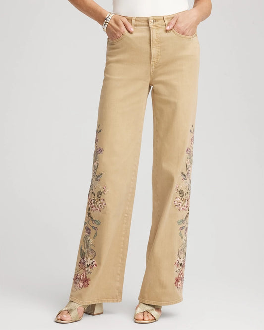 Chico's Embroidered High-Rise Wide-Leg Jeans Cafe Aroma