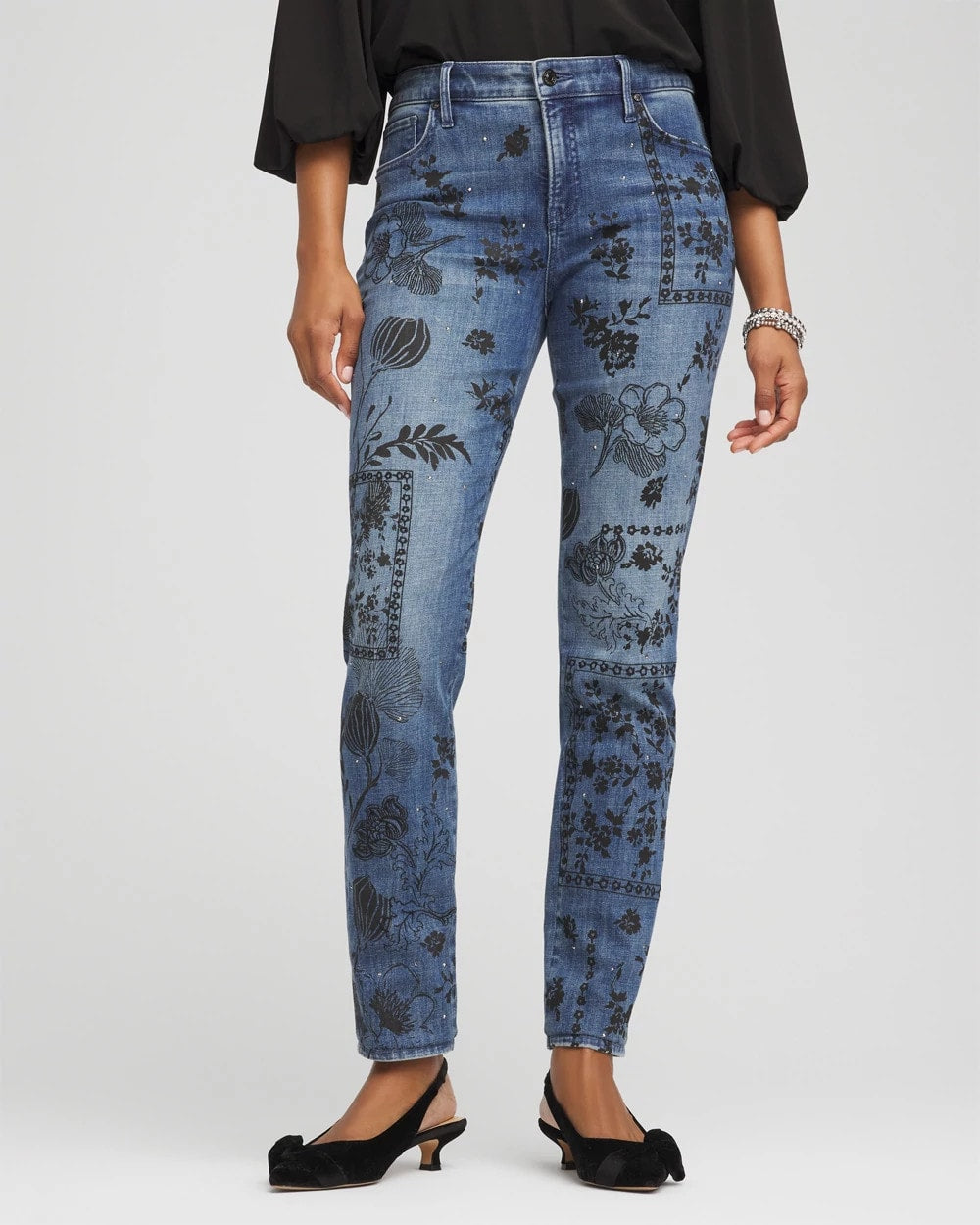 Chico's Mixed-Media Girlfriend Slim Ankle Jeans Emilia Indigo
