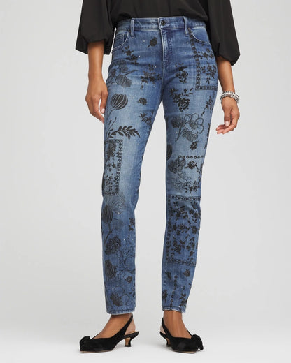 Chico's Mixed-Media Girlfriend Slim Ankle Jeans Emilia Indigo
