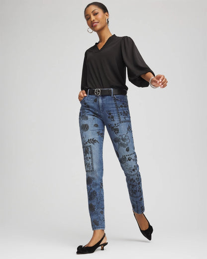 Chico's Mixed-Media Girlfriend Slim Ankle Jeans Emilia Indigo