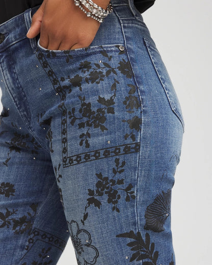 Chico's Mixed-Media Girlfriend Slim Ankle Jeans Emilia Indigo