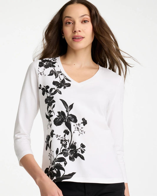 Chico's Printed Cotton Stretch 3/4 Sleeve Tee Black
