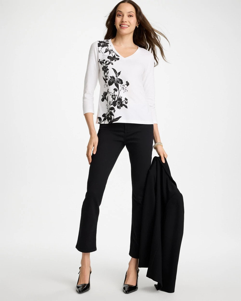 Chico's Printed Cotton Stretch 3/4 Sleeve Tee Black