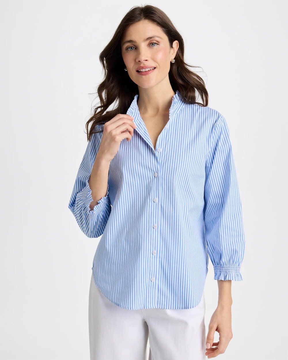 Chico's Striped Poplin Ruffle Neck Shirt Tidal Blue