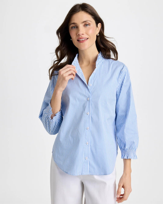 Chico's Striped Poplin Ruffle Neck Shirt Tidal Blue