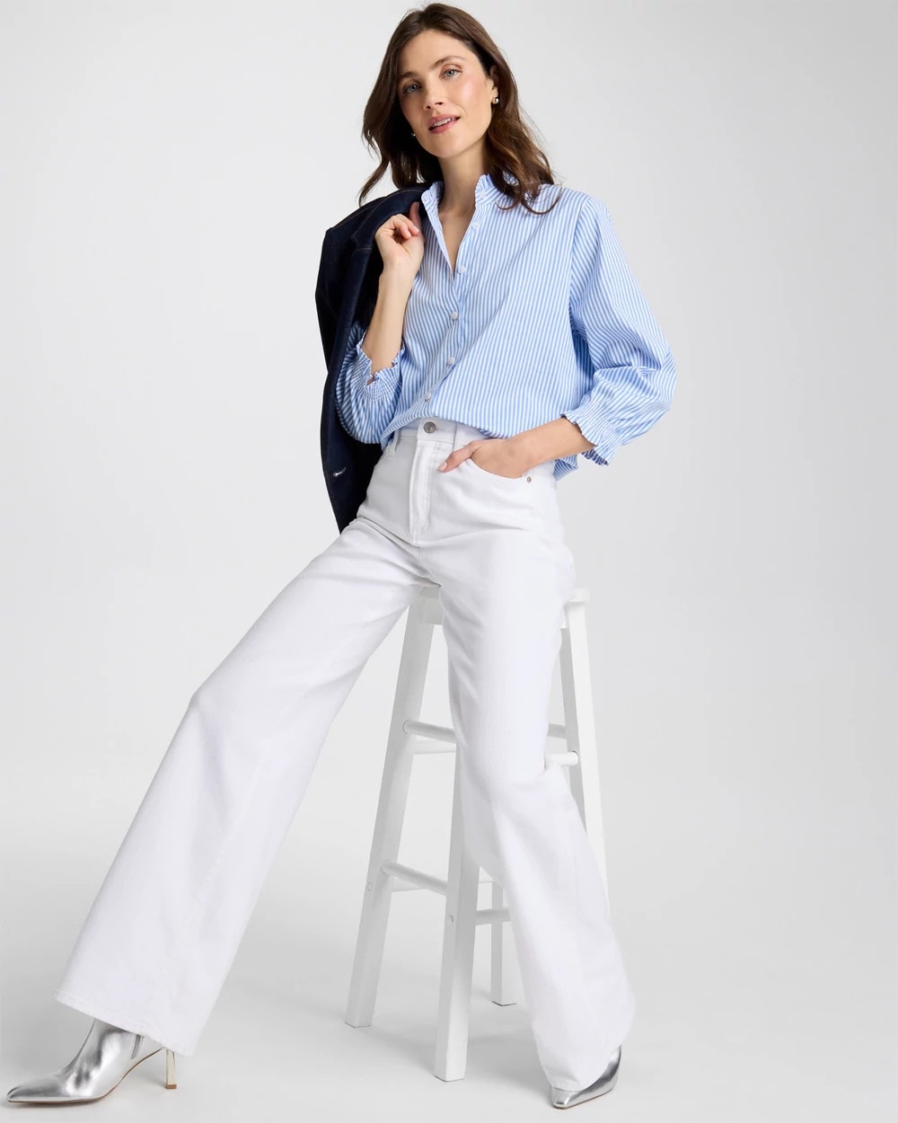 Chico's Striped Poplin Ruffle Neck Shirt Tidal Blue
