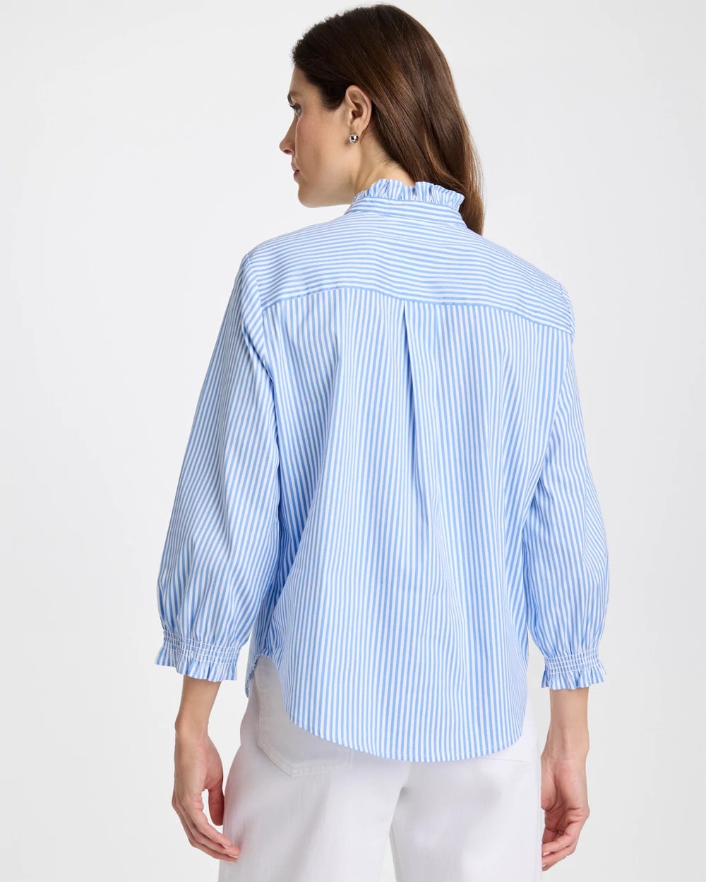 Chico's Striped Poplin Ruffle Neck Shirt Tidal Blue