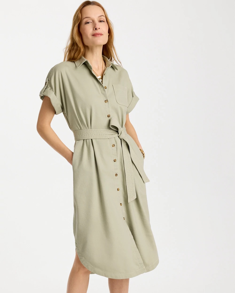 Chico's Dolman Tie Hemp Denim Shirtdress Seagrass Green