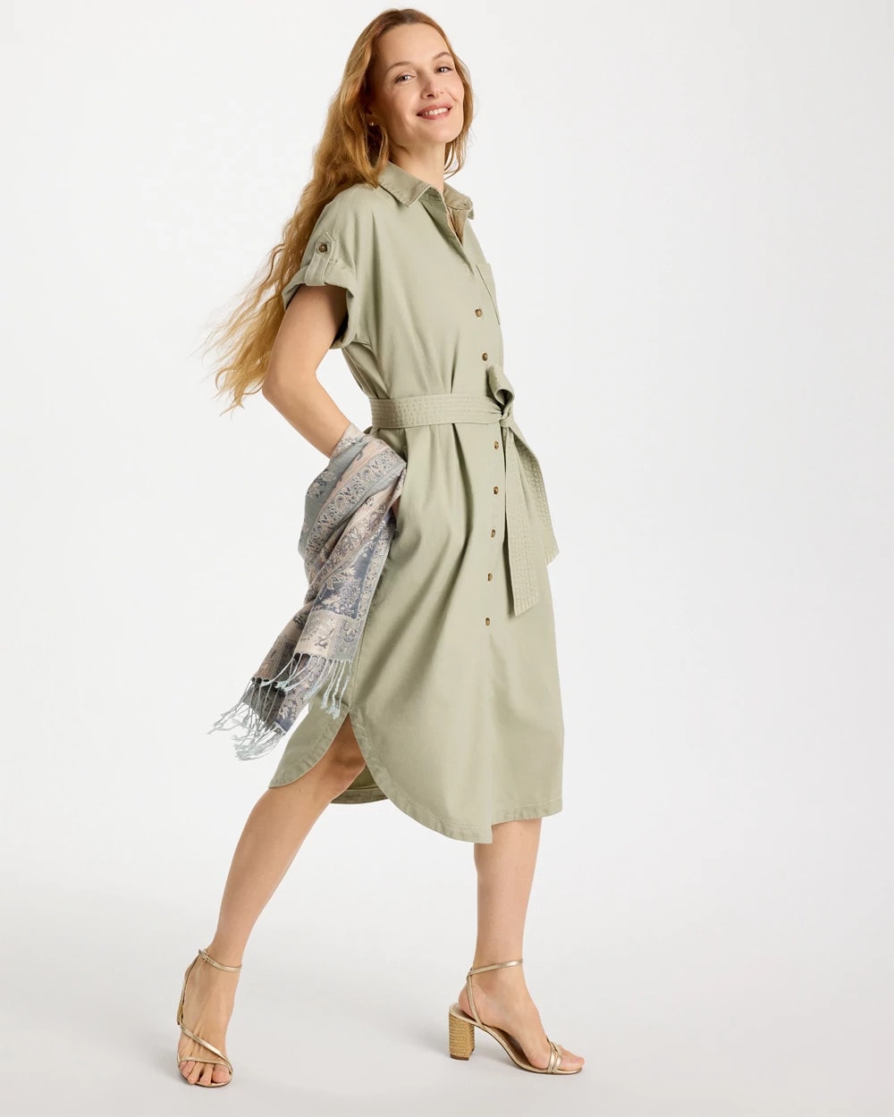 Chico's Dolman Tie Hemp Denim Shirtdress Seagrass Green