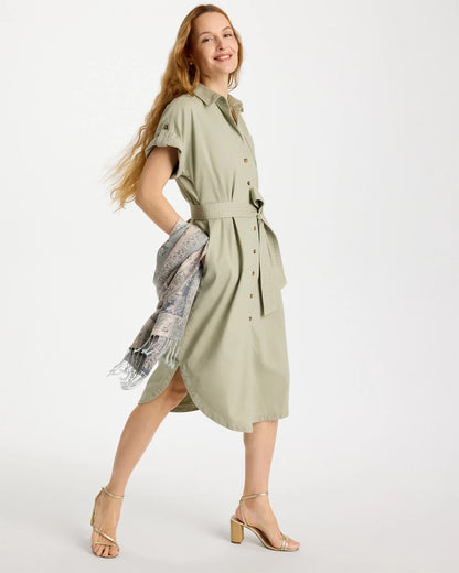 Chico's Dolman Tie Hemp Denim Shirtdress Seagrass Green