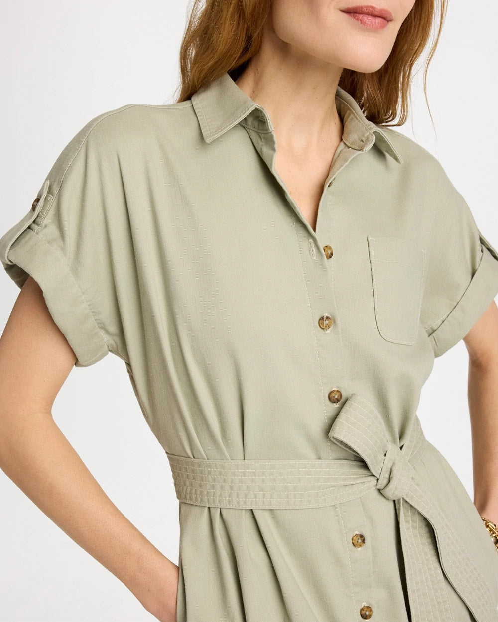 Chico's Dolman Tie Hemp Denim Shirtdress Seagrass Green