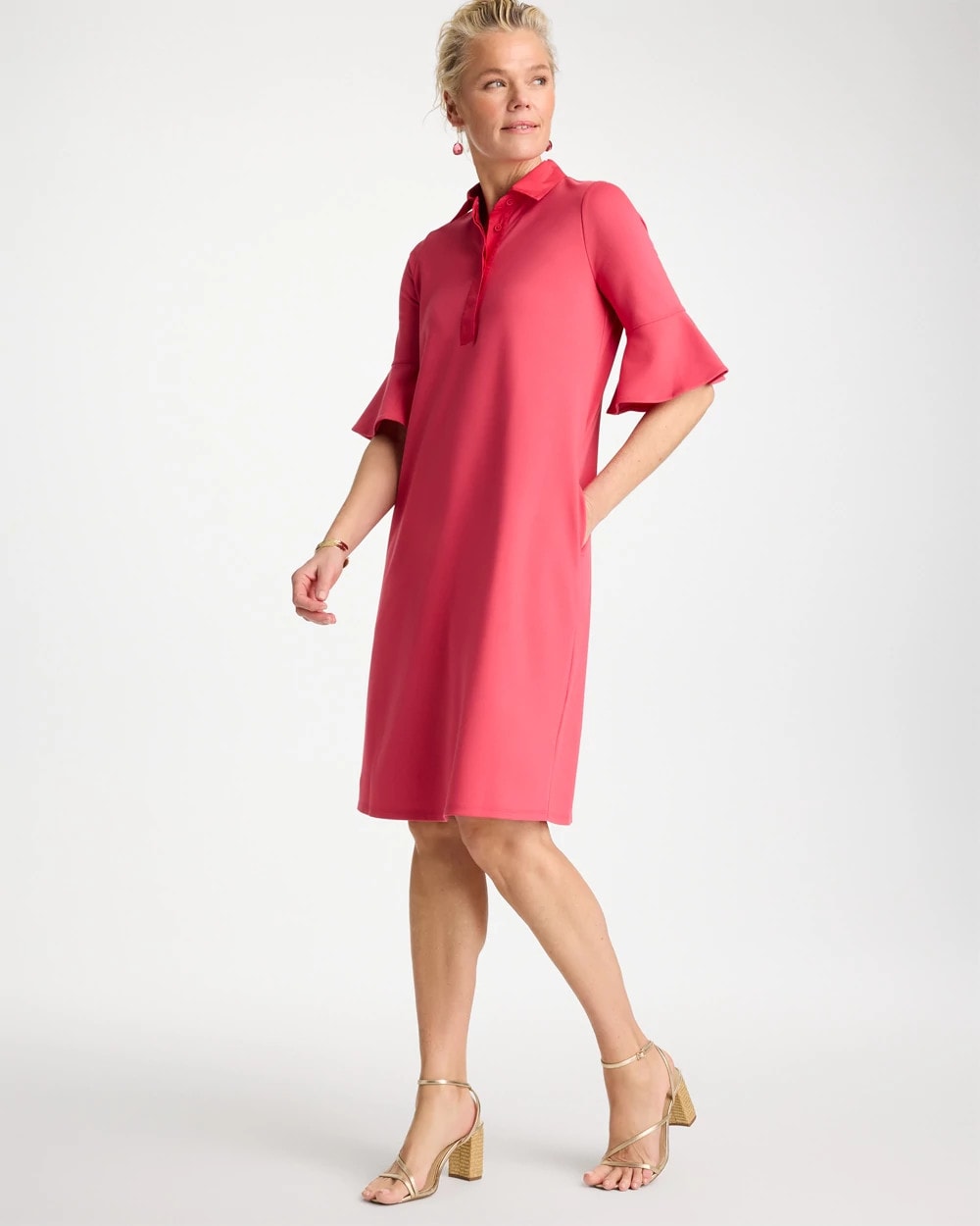 Chico's Knit Flounce Sleeve Dress Hot Honeysuckle