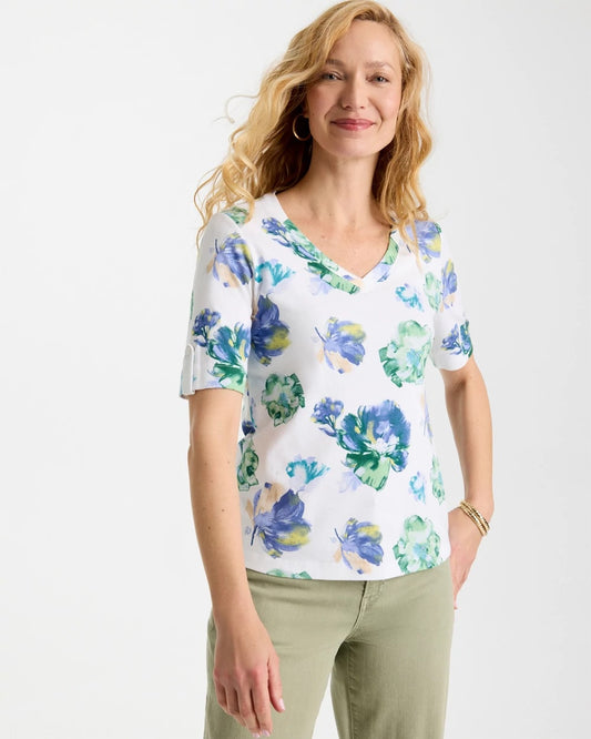 Chico's Printed Cotton Slub V-Neck Tee Passport Blue