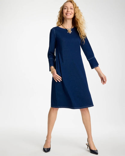 Chico's Bell Sleeve Knit Denim Dress Indigo