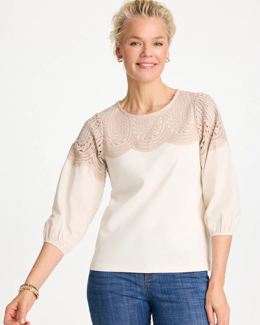 Chico's Lace Crochet Sleeve Tee Ecru