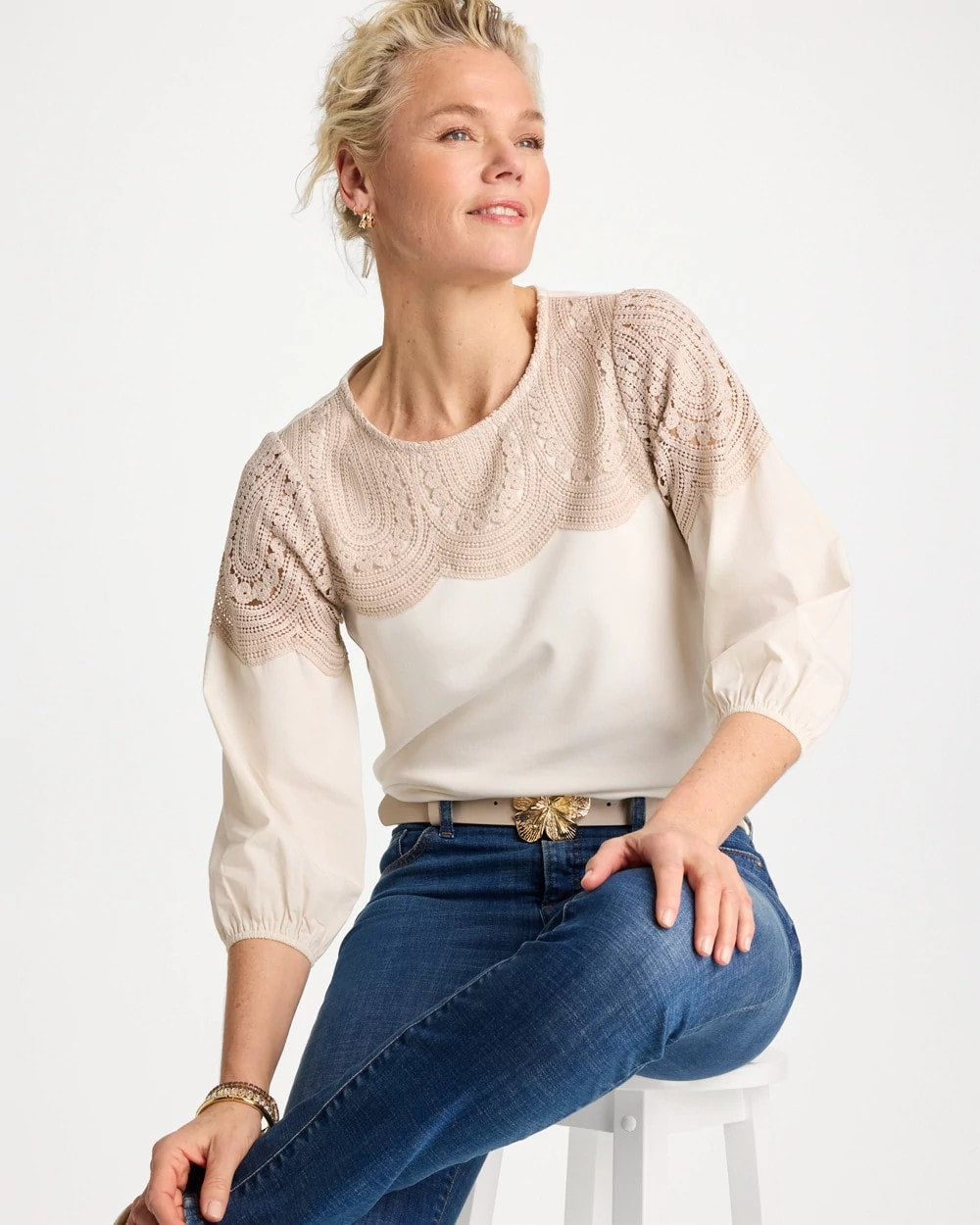 Chico's Lace Crochet Sleeve Tee Ecru