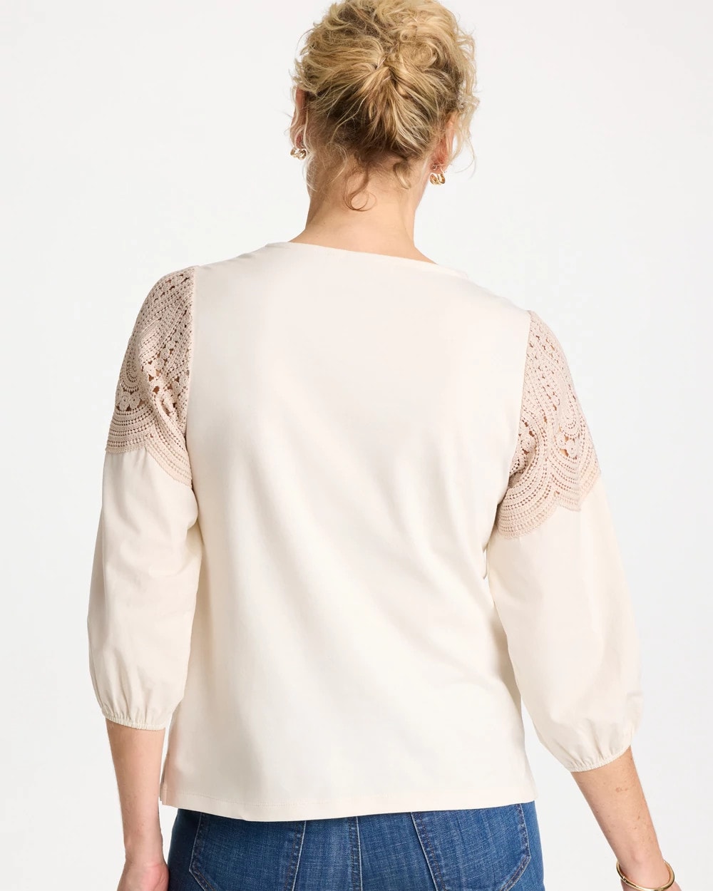 Chico's Lace Crochet Sleeve Tee Ecru