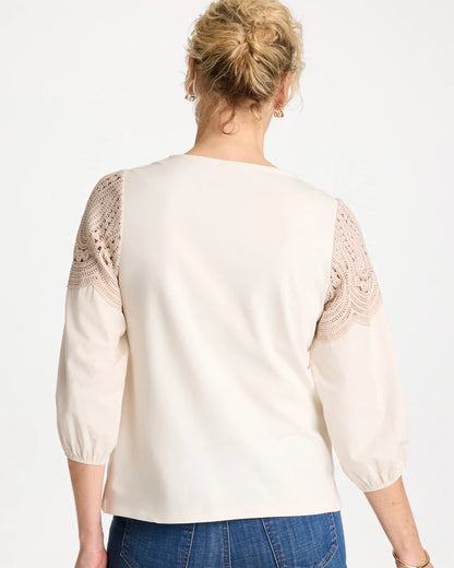 Chico's Lace Crochet Sleeve Tee Ecru