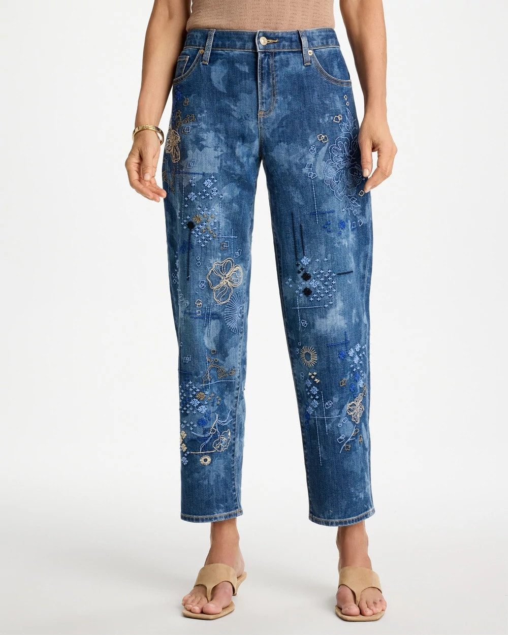 Chico's Relaxed Embroidered Boyfriend Jean Daphne Indigo