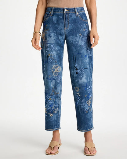 Chico's Relaxed Embroidered Boyfriend Jean Daphne Indigo
