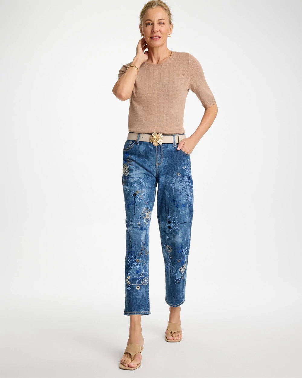 Chico's Relaxed Embroidered Boyfriend Jean Daphne Indigo