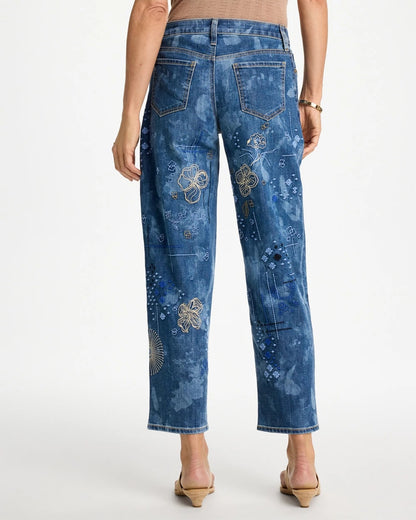 Chico's Relaxed Embroidered Boyfriend Jean Daphne Indigo