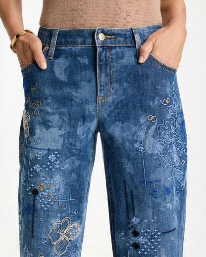 Chico's Relaxed Embroidered Boyfriend Jean Daphne Indigo