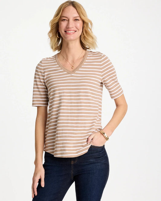 Chico's Striped Cotton Slub V-Neck Tee Cattail Brown